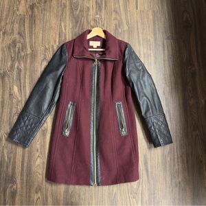 Michael Kors Burgundy and Black Wool & Leather Coat